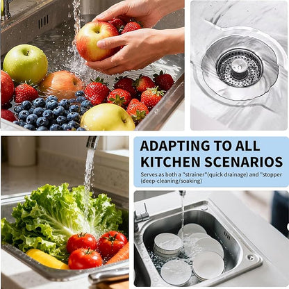 3-in-1 Kitchen Sink Drain Strainer & Sink Stopper 2 Pack : 304 Stainless Steel Sink Drain Strainer, Pop-Up Anti-Clog Design, Fits Standard 3-1/2'' Sink Drains