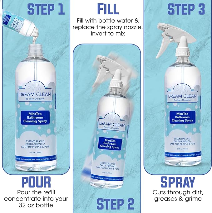 DREAM CLEAN MintTea Bathroom Cleaning Spray Refill - Biodegradable and Cruelty-Free Formula for Showers, Tubs, Sinks & More, Spearmint & Tea Tree Essential Oils, 4oz