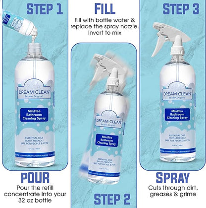 DREAM CLEAN MintTea Bathroom Cleaning Spray Refill - Biodegradable and Cruelty-Free Formula for Showers, Tubs, Sinks & More, Spearmint & Tea Tree Essential Oils, 4oz