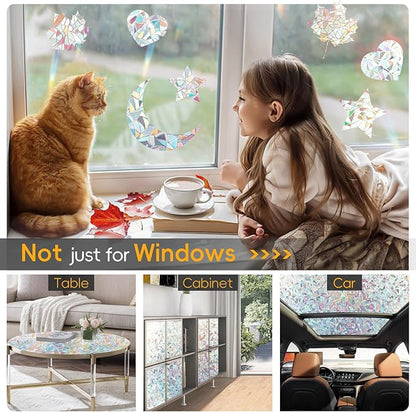 Rainbow Window Privacy Film Decorative, Stained Glass Window Tint for Home, 3D Decals Window Clings for Glass Windows, Static Cling Window Sticker, Suncatcher Window Cover, 35.4 Inch x 157.4 Inch