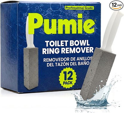 PUMIE Pumice Stone Toilet Bowl Cleaner (12-Pack) - Toilet Pumice Stone with Handle - Heavy Duty Scouring Stick for Rings, Bowls, Hard Water Stains, Lime, Rust, Sink - Includes Handle for Easy Use