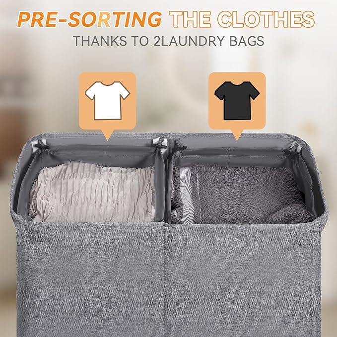 Chrislley 140L Laundry Hamper 2 Section, Double Laundry Basket with Lid, Large Dirty Clothes Hamper with Removable Liner Bags, Collapsible Laundry Organizer for Bedroom, Dorm,Grey