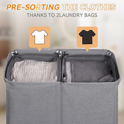 Chrislley 140L Laundry Hamper 2 Section, Double Laundry Basket with Lid, Large Dirty Clothes Hamper with Removable Liner Bags, Collapsible Laundry Organizer for Bedroom, Dorm,Grey