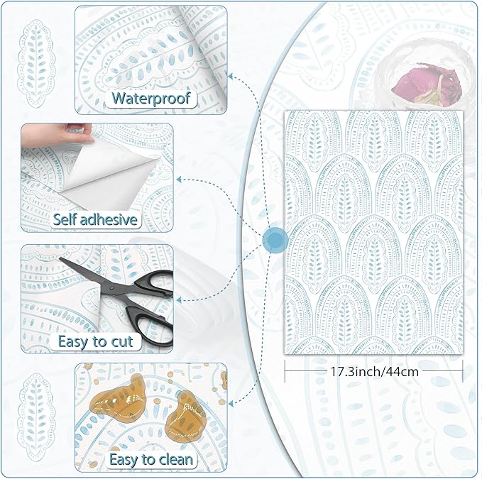 Modern Peel and Stick Wallpaper Boho Contact Paper 17.3''×78.8'' Self Adhesive Removable Wallpaper Peel and Stick Wall Paper Blue and White Wallpapers for Bedroom Bathroom Cabinets Decor Vinyl