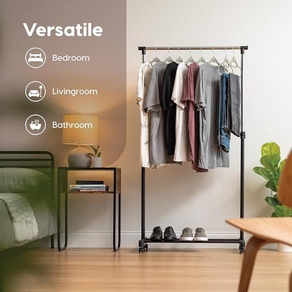 IRIS USA Clothes Rack, Portable Single-Rod Height Adjustable with Lockable Wheels, Rolling Garment Rack, Single Rod Wardrobe Rack, Easy Assemble, for Clothes, Belts, Shoes, and Bags