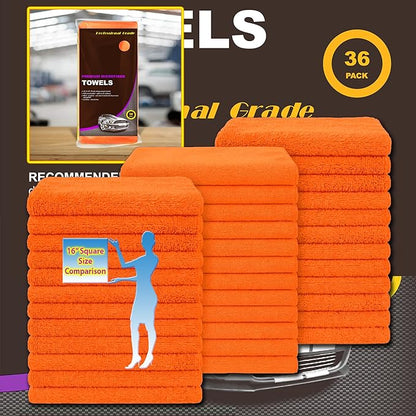 Large Microfiber Cleaning Towels, 36-Pack, Ultra Soft Plush Washcloths, Professional Grade Premium Microfiber Detailing Cleaning Cloth for Car, Household and Commercial (Orange, 16" x 16")