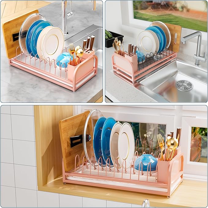 Pink Dish Rack - Small Dish Drying Rack for Limitied Kitchen Counter, Narrow Stainless Steel Dish Drainer w Tray, Cutlery Holder, Cute Kitchen Appliances Organizer for A Lovely You