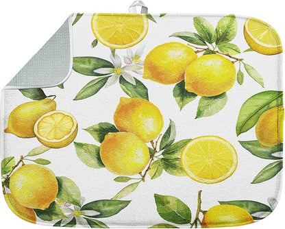 Sanwarm Absorbent Dish Drying Mat, Floral Lemon Fruits Vintage Microfiber Pad for Kitchen Counter, Coffee Bar Decor, Heat Resistant and Reversible, 16" x 18"