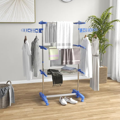 HOMCOM Folding Clothes Airer in Stainless Steel and Plastic, Space-Saving Vertical Drying Rack with 6 Wheels, Hooks and 3 Adjustable Shelves for Indoors, 142 x 55 x 152 cm, Silver Blue
