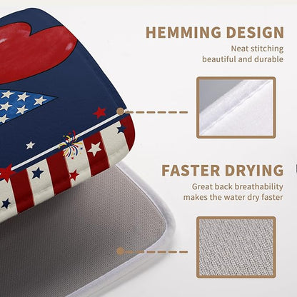 4th of July Star Dish Drying Mats Patriotic Hearts Dish Mat Blue Red Firework Drying Matt Dishes Dryer Pad for Kitchen Counter Absorbent Microfiber Washable Foldable Reusable 18x24 in