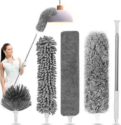 Duster for Cleaning 5-in-1 Kit, 100 Inches Duster with Extension Pole, Extendable Duster, Microfiber Feather Duster, Cobweb Dusters for High Ceilings, Furniture, Blinds, Wall- Grey