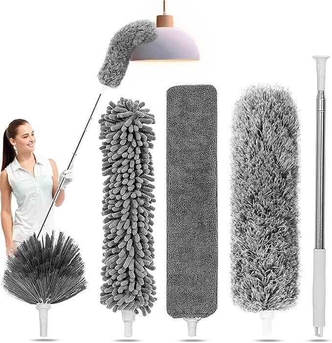 5-in-1 Kit Dusters for Cleaning, Duster with Extension Pole, Extendable Duster with 100 Inches, Microfiber Dusters, Webster Cobweb Duster for Cleaning Ceiling Fans, Furniture, Blinds - Blue