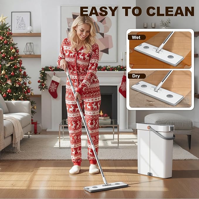 Flat Mop and Bucket System - Mop and Bucket with Wringer Set for Home | Wet Dry Mop for Apartment, Tiny Home, Windows, Wall, Hardwood Floor, RV with 6 Reusable Microfiber Cloth