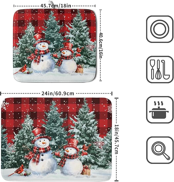 Christmas Snowman Dish Drying Mat for Kitchen Counter Xmas Trees Snowflake Buffalo Plaid Drying Mat 18x24 Inch Winter Holiday Absorbent Dish Drainer Mat Christmas Kitchen Accessories