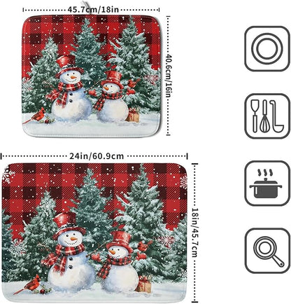 Christmas Snowman Dish Drying Mat for Kitchen Counter Xmas Trees Snowflake Buffalo Plaid Drying Mat 18x24 Inch Winter Holiday Absorbent Dish Drainer Mat Christmas Kitchen Accessories