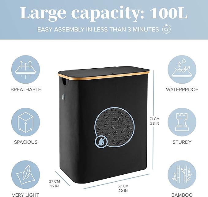 LONBET Laundry Basket with Lid, Made from Breathable Fabric | Aesthetic Clothes Hampers for Laundry with Side Handles & Sturdy Bamboo Frame (40 Gallons - Double, Black)