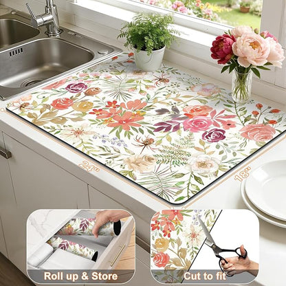 LOKHOM Dish Drying Mat for Kitchen Counter, 18"x24" Absorbent Coffee Bar Mat with Pink Roses Petals, Dish Drainer Rack Mat for Kitchen Counter and Dining Room Decoration