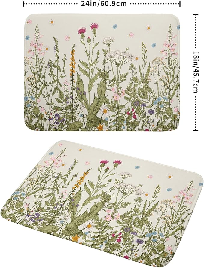 Aportt Spring Floral Wildflower Dish Drying Mat With Absorbent Reversible Microfiber Summer Flowers Sage Green Herbs Drying Mats 18 x 24 Inch Dish Drainer Mat Fast Dry For Kitchen Dining Room