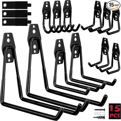 Garage Tool Storage Wall Hook Assortment Set: 15PCS Heavy Duty Large Hanger Garden Tool Organizer Ladder Bike Rack Yard Tool Holder Shed Shovel Metal Screw Organization Bicycle Steel Bracket, Black