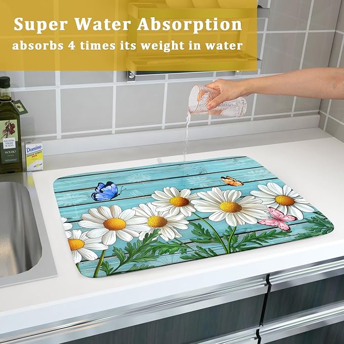 Spring Summer Daisy Flowers Dish Drying Mat for Kitchen Counter 18”x24” Rustic Daisy Absorbent Dish Drying Mat Reversible Microfiber Dish Drainer Rack Fast Drying Mat for Countertops Tableware Decor
