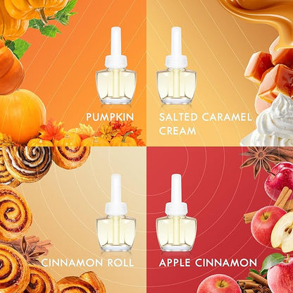 Plug-In Air Freshener Refills 12 Pack – Pumpkin, Apple Cinnamon, Cinnamon Roll & Salted Caramel Cream Scents – Adjustable Home & Bathroom – Compatible with Air Wick & Glade, Not Include Glade Plus