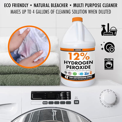 Chromex Hydrogen Peroxide 12 Percent Food Grade, 4X Power Concentrated Solution, Dilutes to 4 Gallons, Versatile Uses Include Topical Care, Home, Kitchen, Bath Cleaner, Laundry, Whitening, 1 Gallon