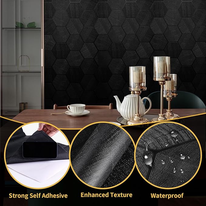 Black Peel and Stick Wallpaper Self Adhesive 3D Hexagon Geometric Embossed Contact Paper Removable Easy Peel Off Textured Wallpaper for Cabinet Bedroom 15.7" X 118"