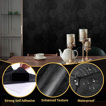 Black Peel and Stick Wallpaper Self Adhesive 3D Hexagon Geometric Embossed Contact Paper Removable Easy Peel Off Textured Wallpaper for Cabinet Bedroom 15.7" X 118"