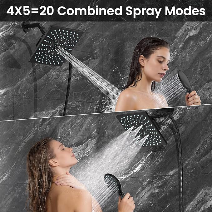Veken High Pressure Rain Shower Head with Handheld, Multi-Functions Square Rainfall Shower Heads with 5-Mode Handheld Spray Combo, Detachable Hand Held Showerhead, Dual Matte Black Regaderas Para