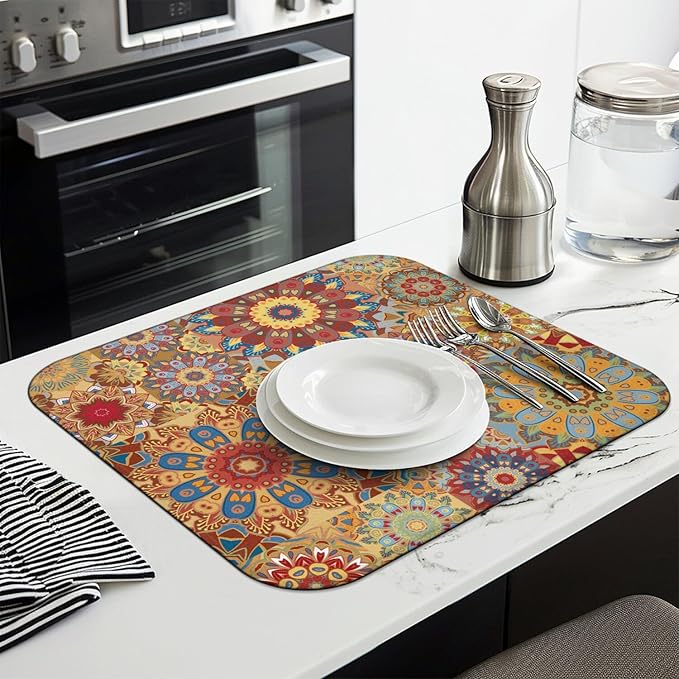 Boho Dish Drying Mat for Kitchen Countertops, Bohemian Floral Microfiber Drying Mat, Washable Absorbent Farmhouse Plaid Kitchen Countertop Dish Drainer, 16x18 Inch