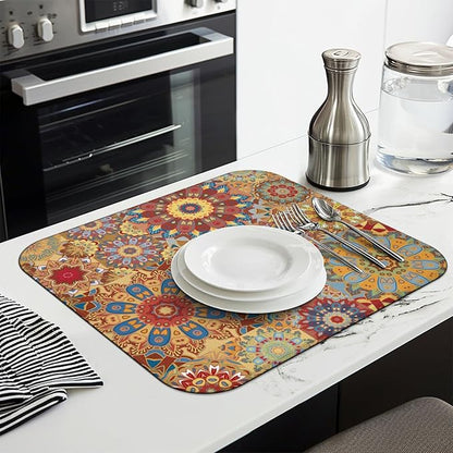 Boho Dish Drying Mat for Kitchen Countertops, Bohemian Floral Microfiber Drying Mat, Washable Absorbent Farmhouse Plaid Kitchen Countertop Dish Drainer, 16x18 Inch
