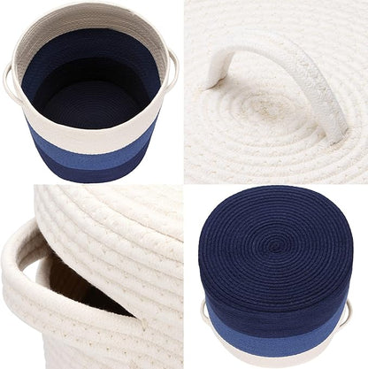 Sea Team Large Size Cotton Rope Woven Storage Basket with Lid, Lidded Laundry Hamper with Handles, Fabric Bucket with Cover, Clothes Toys Organizer for Kid's Room, 16 x 20 inches, White & Navy