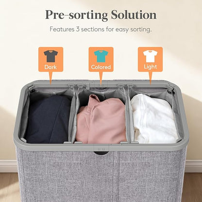 Lifewit 185L Large 3 Section Laundry Hamper with Lid, Plastic Laundry Basket with Bamboo Handles and Removable Bags, Tall Foldable Clothes Hamper for Bathroom Bedroom, Light Gray
