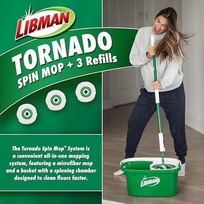 Libman Tornado Spin Mop System with Refill Heads, Microfiber Spinning Mop and Bucket with Wringer Set for Home, Floor Cleaning of Hard-Wood, Laminate, Tile, All Surface Cleaner