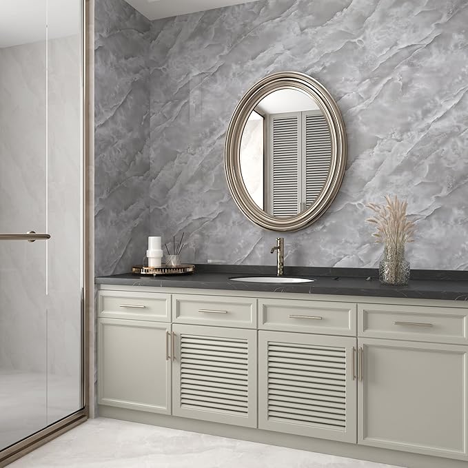 JSEVEM 16"×354" Glossy Grey White Marble Wallpaper Peel and Stick Thick Gray White Marble Contact Paper for Bedroom Removable Vinyl Granite Wall Stickers for Countertops Walls Bathroom Living Room
