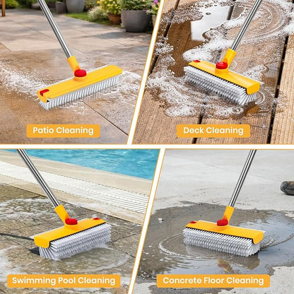 64in Floor Scrub Brush with Long Handle,3 in 1 Hard Bristle Cleaning Brush with Scraper and Tweezers for Household Cleaning, Bathroom, Swimming Pool, Garage, Windows, Walls, and Terrace Decks