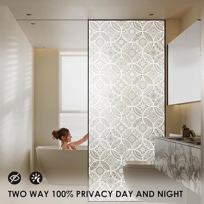 DKTIE Bohemian Decor Stained Glass Window Film with Installation Tools, Two-Way Window Privacy Film, Reduce Glare, Pure White, 17.7 x 118.1 Inch