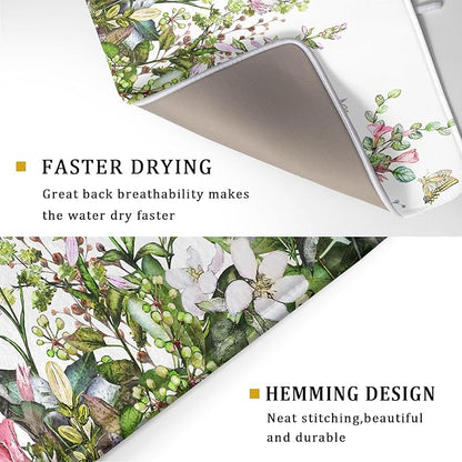 Aportt Spring Summer Floral Dish Drying Mat With Absorbent Reversible Microfiber Green Leaf Plants Flowers Drying Mats 18 x 24 Inch Dish Drainer Mat Fast Dry For Kitchen Dining Room