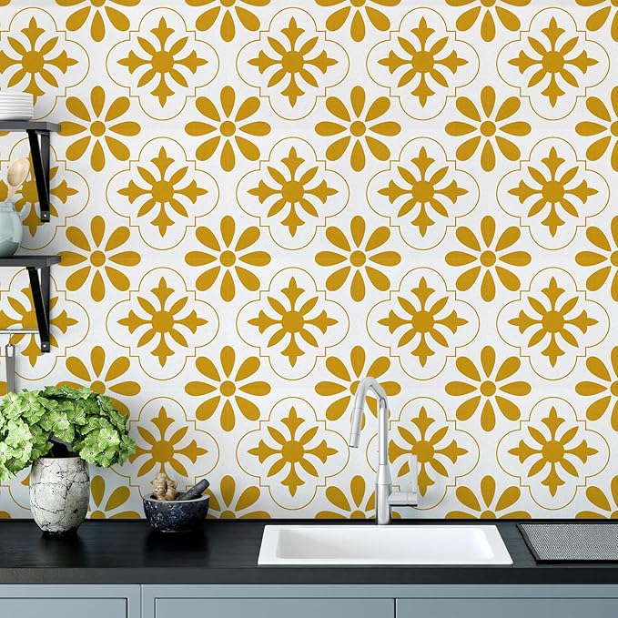 AM AMAONM 10pcs 20x20cm Removable Square Vintage Floral Pattern Tile Stickers 3D Decorative Peel and Stick Vinyl Self Adhesive Wall Tiles Decor Decals for Kitchen Backsplash Bathroom Furniture (E)