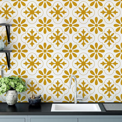 AM AMAONM 10pcs 20x20cm Removable Square Vintage Floral Pattern Tile Stickers 3D Decorative Peel and Stick Vinyl Self Adhesive Wall Tiles Decor Decals for Kitchen Backsplash Bathroom Furniture (E)
