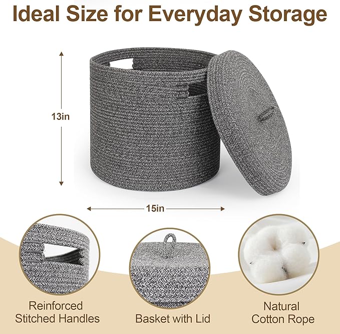 Storage Basket with Lid, Woven Blanket Storage for Living Room, Cute Cotton Rope Bin with Lid, Round Wicker Laundry Basket with Cover, Decorative Kid Dog Toy Box, Nursery Organizer, 15"x13"