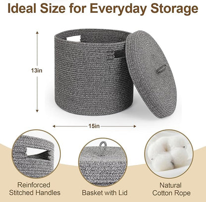 Storage Basket with Lid, Woven Blanket Storage for Living Room, Cute Cotton Rope Bin with Lid, Round Wicker Laundry Basket with Cover, Decorative Kid Dog Toy Box, Nursery Organizer, 15"x13"