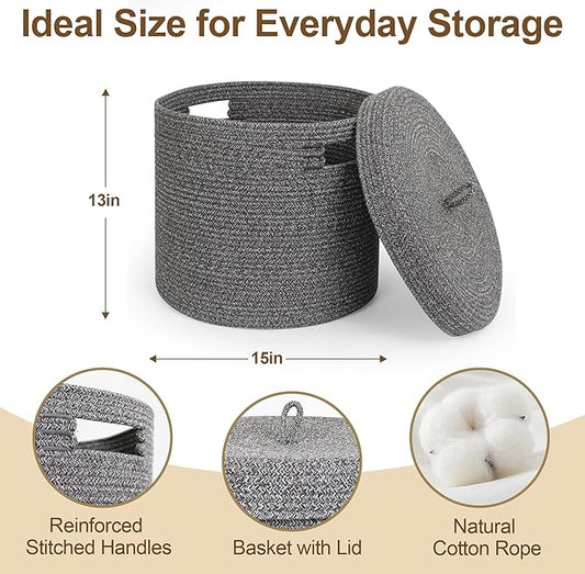 Storage Basket with Lid, Woven Blanket Storage for Living Room, Cute Cotton Rope Bin with Lid, Round Wicker Laundry Basket with Cover, Decorative Kid Dog Toy Box, Nursery Organizer, 15"x13"