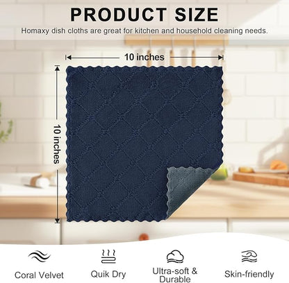 Homaxy 12 Pack Kitchen Cloths Dish Towels (10" x 10", Dark Grey & Navy Blue), Super Soft and Absorbent Dish Cloths, Coral Velvet Microfiber Cleaning Cloth, Nonstick Oil Fast Dry Dishcloths
