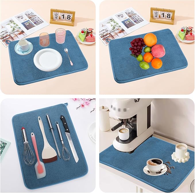 2 Pcs Large Size Dish Drying Mats for Kitchen Counter, Reusable Dishes Drainer Mats, Absorbent Microfiber Dish Drying Pad for Countertops, Racks, Under Sink (Blue, 24 x 18 Inch)