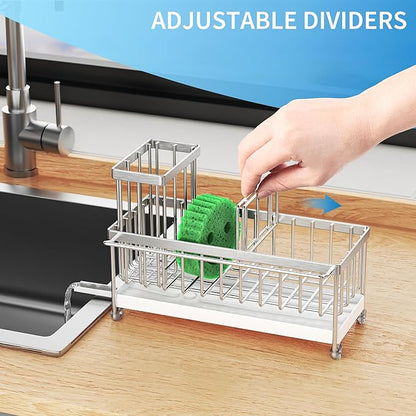 Cisily Sponge Holder for Kitchen Sink, Sink Caddy Organizer with High Brush Holder, Kitchen Countertop Organizers and Storage Essentials, Rustproof 304 Stainless Steel (Silver with Towel Rack, 9.25″)