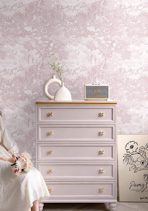 Heroad Peel and Stick Wallpaper Pink and White Vintage Forest Animals Floral Wallpaper Removable Self-Adhesive Contact Paper for Bedroom Living Room Cabinets Decoration Thicken Vinyl 17.3" x 197"