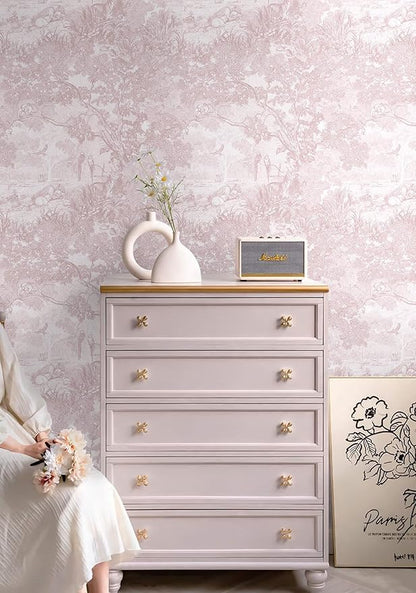 Heroad Peel and Stick Wallpaper Pink and White Vintage Forest Animals Floral Wallpaper Removable Self-Adhesive Contact Paper for Bedroom Living Room Cabinets Decoration Thicken Vinyl 17.3" x 393"