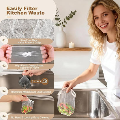 300 Pack Kitchen Sink Strainer Mesh Bags – Anti-Clogging Disposable Sink Drain Covers that Trap Food Scraps, Leftovers, Hair & Debris. Ultra-Fine Sink Filter Nets Fit Most Sink Strainers.