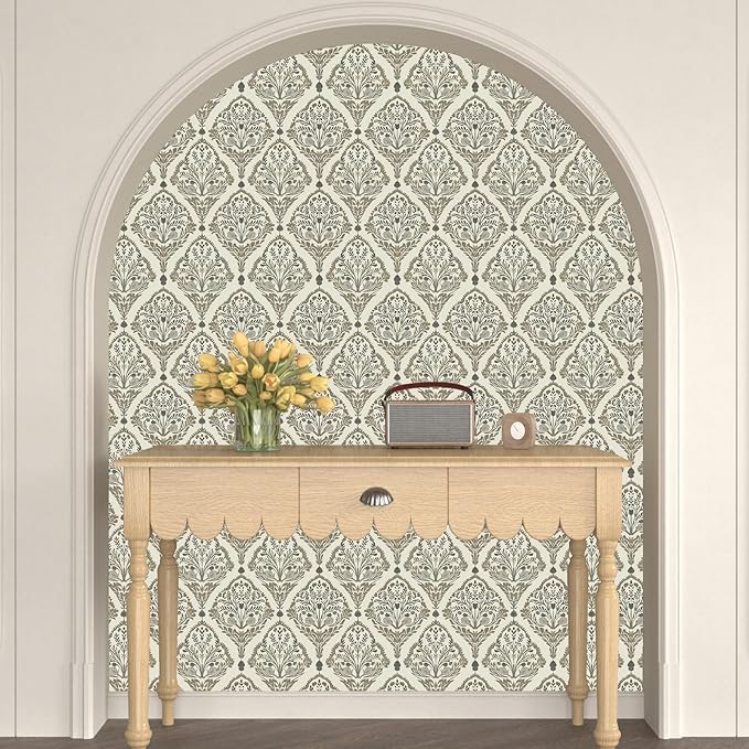 Vintage Khaki Leaf Symmetrical Wallpaper Peel and Stick 17.5" x 118" Simple Beige Floral Pattern Self Adhesive Cantact Paper, Waterproof Removable Vinyl Wall Covering for Bedroom Living Room Cabinet.